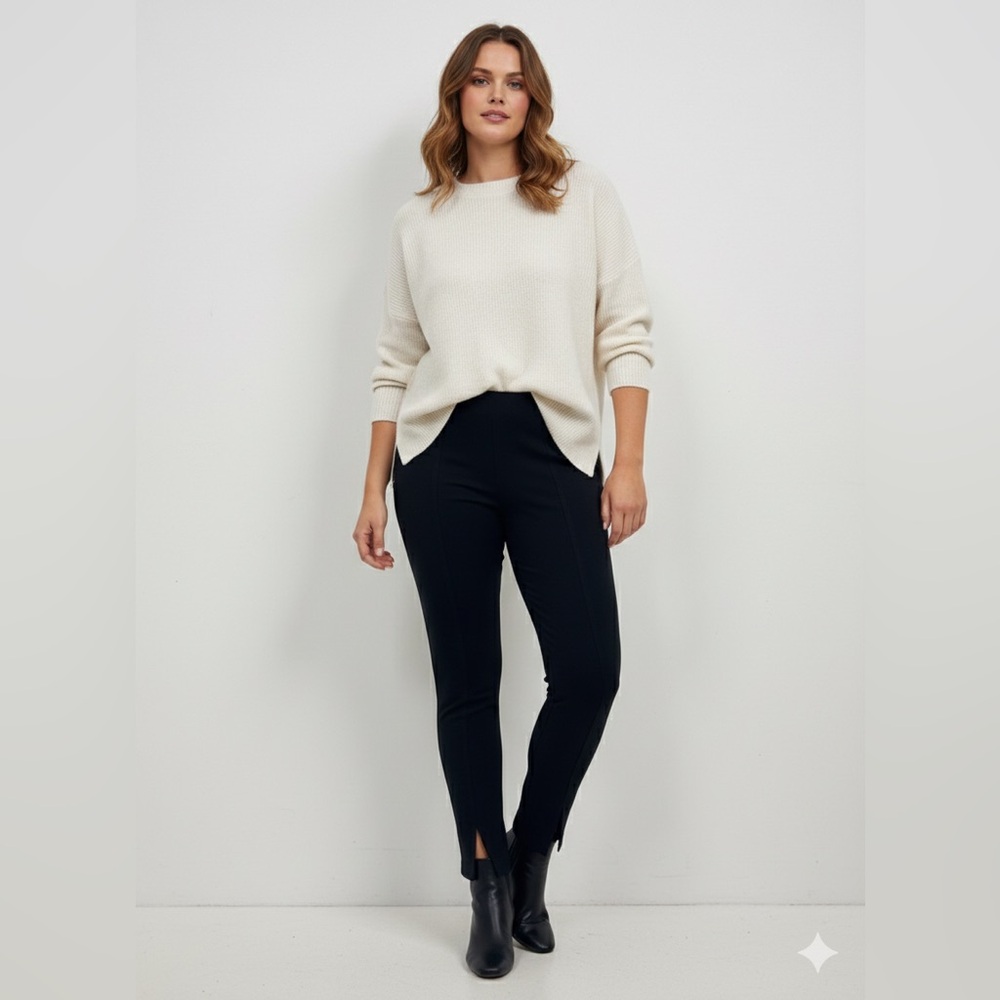 Classy Black Pull-On Stretch Trousers with Side Slits - Size M